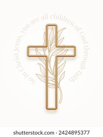 Christian Cross. 3d Gold metal christian cross with branch and christian quote. Golden religion cross.  Vector illustration.