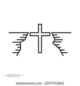 christian cross above abyss icon, salvation path, problem solution, thin line symbol - editable stroke vector illustration