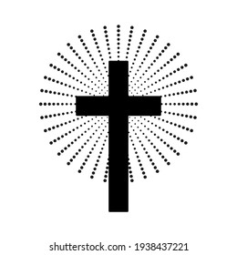 Christian cross with abstract dotted sun rays. Christian cross icon. Vector illustration.