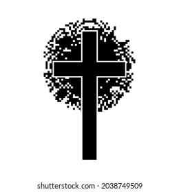 Christian cross with abstract dotted sun rays. Christian cross icon. Black religion symbol. Vector illustration. Abstract religion icon.