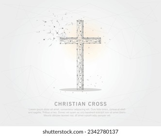 Christian cross abstract mesh line and composition digitally drawn starry sky or space in the form of broken a part triangle shape and scattered dots low poly wire frame.