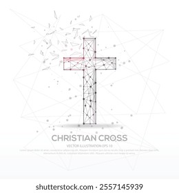 Christian cross abstract mesh line low poly wire frame isolated vector illustration on white background.