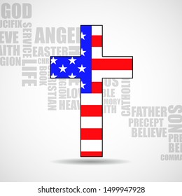 Christian cross of America flag on background religious words. Vector illustration. Eps 10