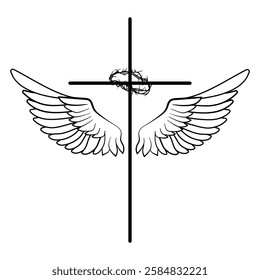 Christian cross with angel wings and a crown of thorns, symbolizing faith, sacrifice, and divine protection Line art. Black and white vector illustration for religious projects, logos, tattoo designs