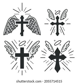 Christian cross with angel wings and halo vector black silhouettes set isolated on a white background.