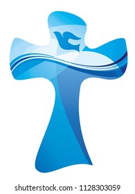 Christian cross baptism symbol with dove and water waves. Multiple exposure on a blue background
