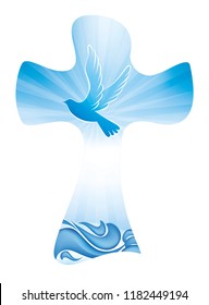 Christian cross baptism symbol with dove and waves of water on blue background