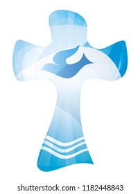 Christian cross baptism symbol with waves of water and dove. Religious sign. Multiple.exposure