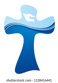 Christian cross baptism symbol with white dove and water waves on blue background