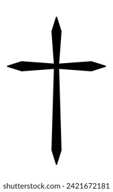 Christian cross, black and white vector silhouette illustration of religious spiked cross shape, isolated on white background