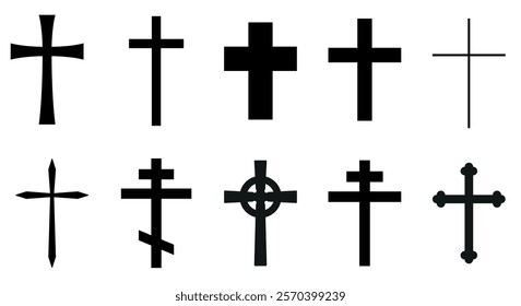 Christian cross, black and white vector silhouette illustration of religious cross shape, isolated on white background, icon set