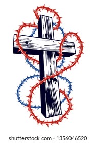 Christian cross with blackthorn thorn vector religion logo or tattoo, passion of the Christ.