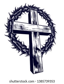 Christian cross with blackthorn thorn vector religion logo or tattoo, passion of the Christ.