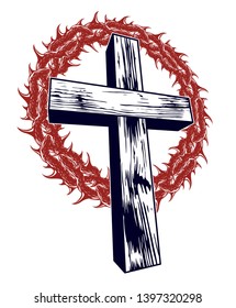 Cruz cristiana con el logo o tatuaje de la religión vectorial de espina negra, pasión del Cristo.