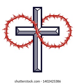 Christian cross with blackthorn thorn vector religion logo or tattoo, passion of the Christ.