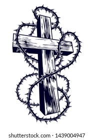 Christian cross with blackthorn thorn vector religion logo or tattoo, passion of the Christ.