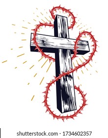 Christian cross with blackthorn thorn vector religion logo or tattoo, passion of the Christ.