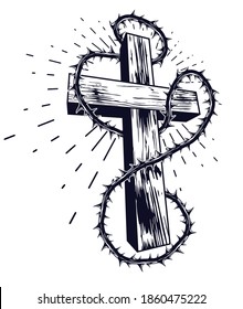 Christian cross with blackthorn thorn vector religion logo or tattoo, passion of the Christ.