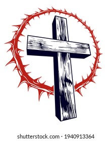 Christian cross with blackthorn thorn vector religion logo or tattoo, passion of the Christ.