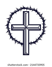 Christian cross with blackthorn thorn vector religion logo or tattoo, passion of the Christ.