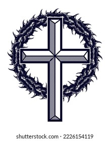 Christian cross with blackthorn thorn vector religion logo or tattoo, passion of the Christ.