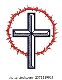 Christian cross with blackthorn thorn vector religion logo or tattoo, passion of the Christ.