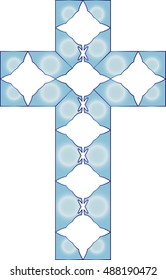 Christian cross, blue color stained glass style vector illustration.