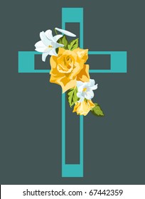 Christian cross in blue with yellow roses and white lilies