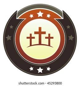 Christian cross or Calgary icon on round red and brown imperial vector button with star accents