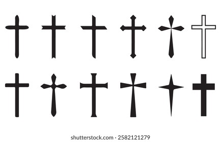 Christian cross catholic icon collection. Different style religious symbol set. Christian cross set. Crosses collection, christianity holy isolated elements.