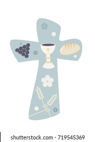 Christian cross with chalice grapes bread and wheat ear. Religious sign. Pastel blue background