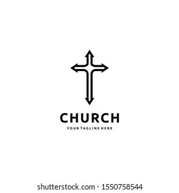 Christian cross church icon logo design. Christianity symbol of Jesus Christ. Silhouette outline of cross.