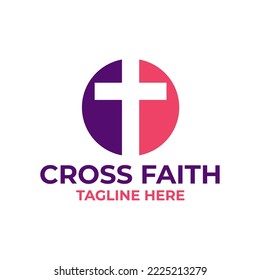 Christian cross church icon logo. Christianity symbol of Jesus Christ. Negative spac in round