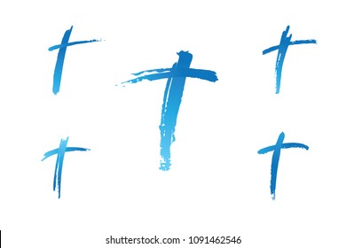 Christian cross church icon set logos. Christianity symbol of Jesus Christ. Natural teal and blue brush strokes with rough edges. Silhouette outline of cross.