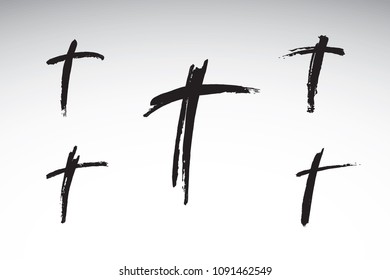 Christian cross church icon set logos. Christianity symbol of Jesus Christ. Natural black and white brush strokes with rough edges. Silhouette outline of cross.