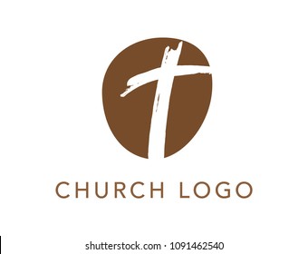 Christian cross church logo. Christianity symbol of Jesus Christ. Natural brown brush strokes with rough edges. Silhouette outline of cross.