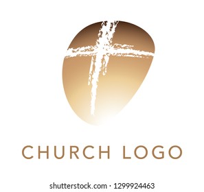 Christian cross church logo. Christianity symbol of Jesus Christ. Natural brush strokes with rough edges. 