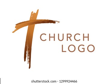Christian cross church logo. Christianity symbol of Jesus Christ. Natural brush strokes with rough edges. 