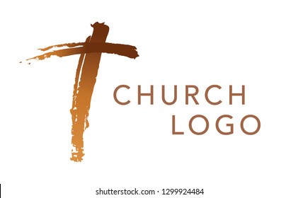 Christian cross church logo. Christianity symbol of Jesus Christ. Natural brush strokes with rough edges. 