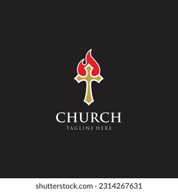 Christian cross church logo design. Silhouette outline of cross and flame combination.