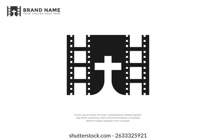 Christian Cross Cinema Logo. Modern logo combine movie film strip with christian cross.