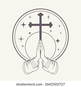 A cruz cristã com as mãos fechadas e rezou pelas bênçãos de Deus. As mãos da oração mostram fé e religião. Superstição e alta potência.
