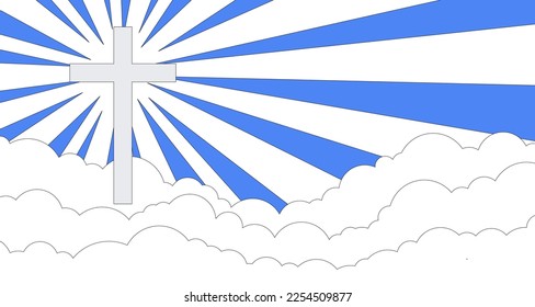 Christian cross cloud shape outline on blue sky 70s retro flat style ,illustration EPS10