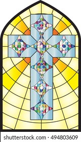 Christian cross, colorful church stained glass window style vector illustration.