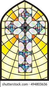 Christian cross, colorful church stained glass window style vector illustration.