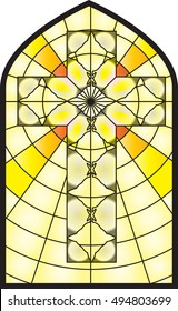 Christian cross, colorful church stained glass window style vector illustration.