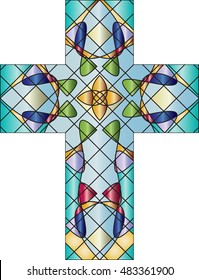 Christian cross, colorful stained glass style vector illustration.