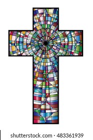 Christian cross, colorful stained glass style vector illustration.