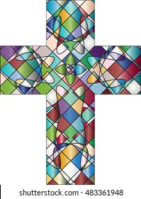 Christian cross, colorful stained glass style vector illustration.