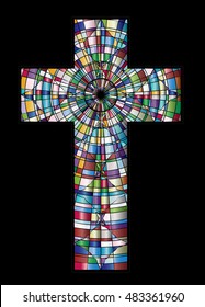 Christian cross, colorful stained glass style vector illustration.